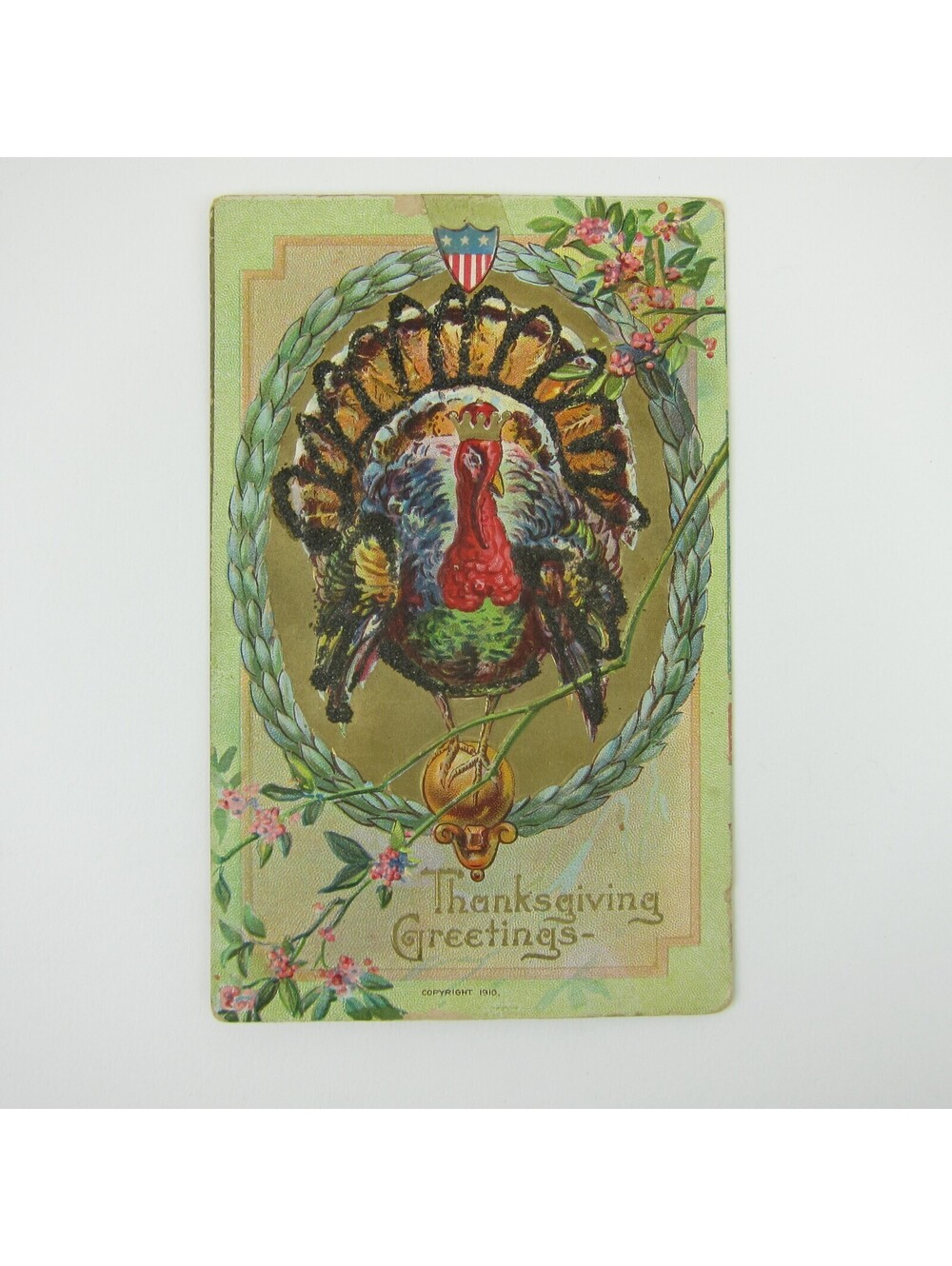 Thanksgiving Postcard Wild Turkey Gold Crown Garland Wreath Embossed Antique